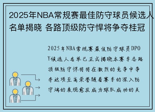 2025年NBA常规赛最佳防守球员候选人名单揭晓 各路顶级防守悍将争夺桂冠