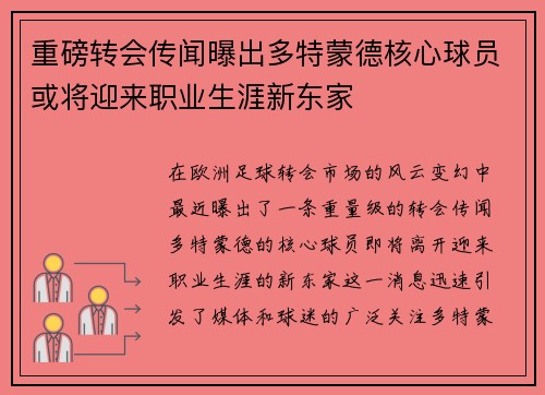 重磅转会传闻曝出多特蒙德核心球员或将迎来职业生涯新东家