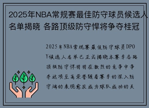2025年NBA常规赛最佳防守球员候选人名单揭晓 各路顶级防守悍将争夺桂冠